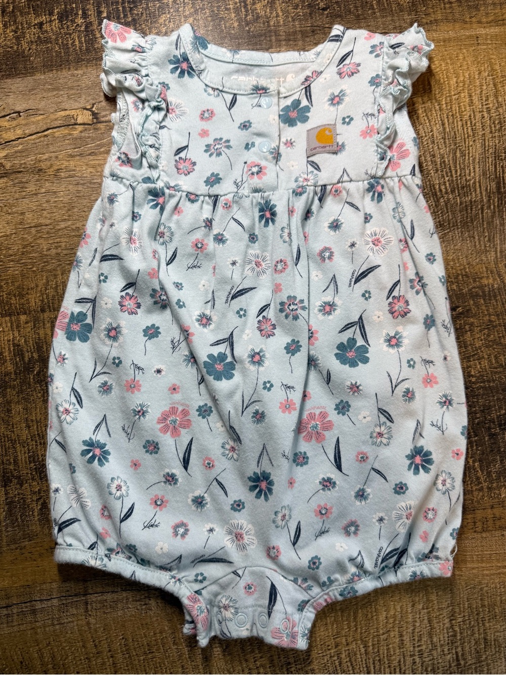 Carhartt Light Blue Floral Baby Romper with Pink and Navy Accents